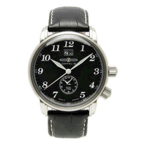 Image of 7644-2 Zeppelin Count dual time herreur<br>sort urskive og sort læderrem